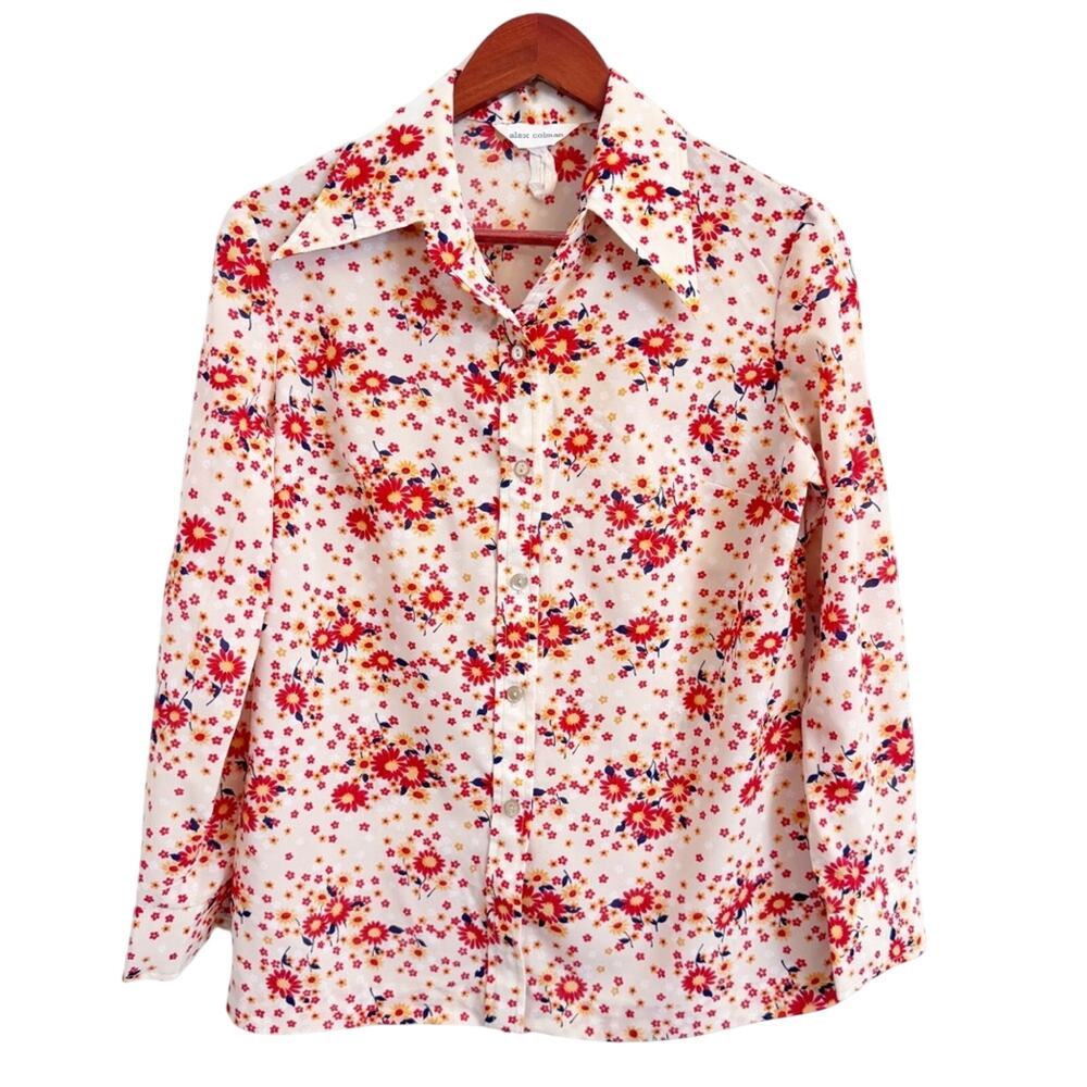 Vintage 70s Alex Coleman Peach Floral Wide Collar Blouse Women's Size Medium